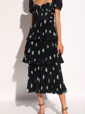 Self-Portrait Black Midi Dress with Mint Floral Print